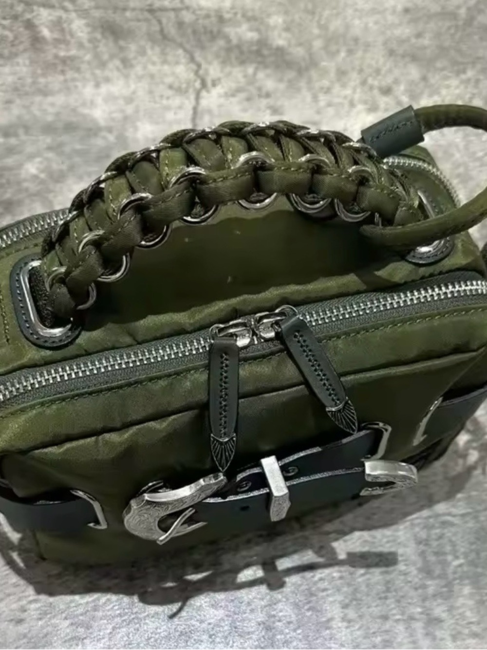 TOGA Olive Green Quilted Shoulder Pouch with Braided Handle